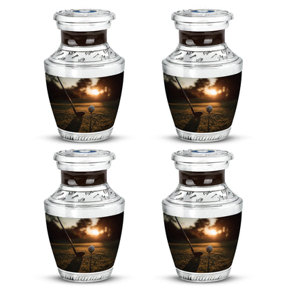 Burnished Gold Golf Cremation Urn back view with polished surface - artistic golf interpretation with creative detail - 10 inch aluminum urn for cremated remains