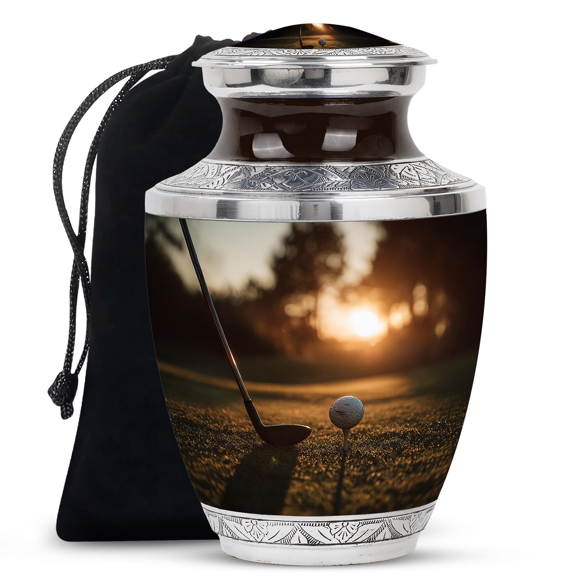 Harvest Gold Golf Cremation Urn side profile showing urn shape - stylized abstract golf pattern with bold lines - full-size 10 inch 200 cubic inch adult cremation urn