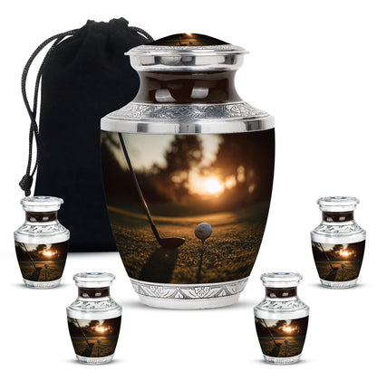 Burnished Gold Golf Cremation Urn lifestyle display on memorial shelf - artistic golf interpretation with creative detail - memorial set with one large and four small urns