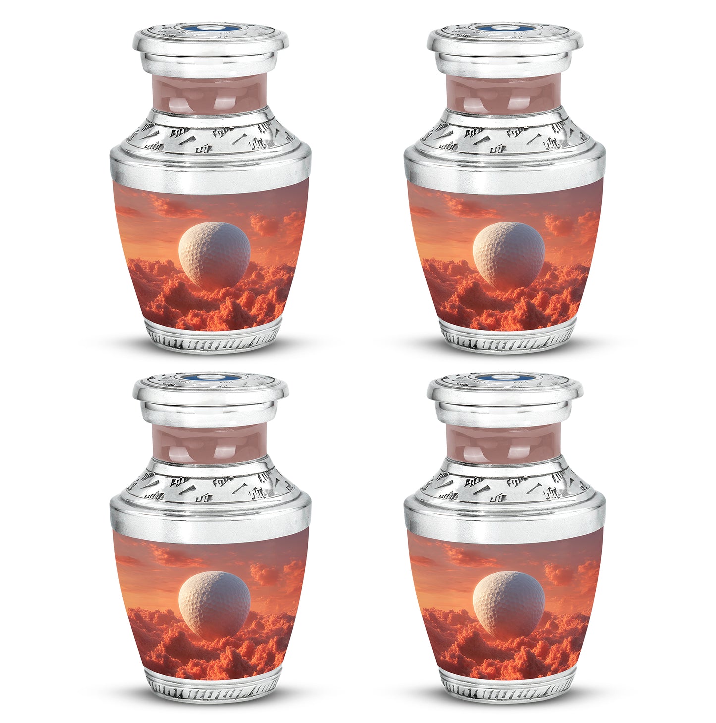 Rich Red Golf Cremation Urn back view with polished surface - stylized abstract golf pattern with bold lines - 10 inch aluminum urn for cremated remains
