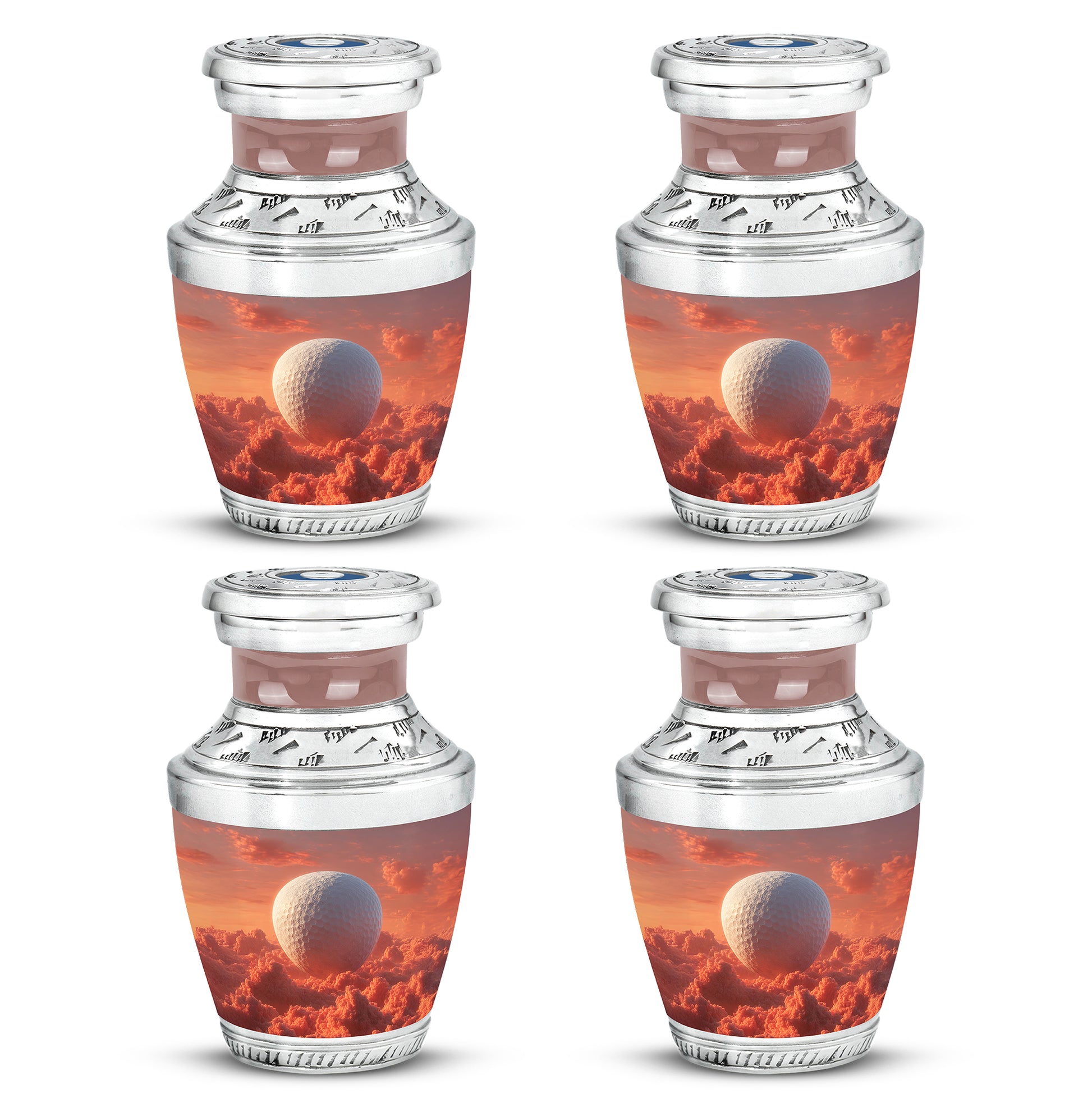 Rich Red Golf Cremation Urn back view with polished surface - stylized abstract golf pattern with bold lines - 10 inch aluminum urn for cremated remains