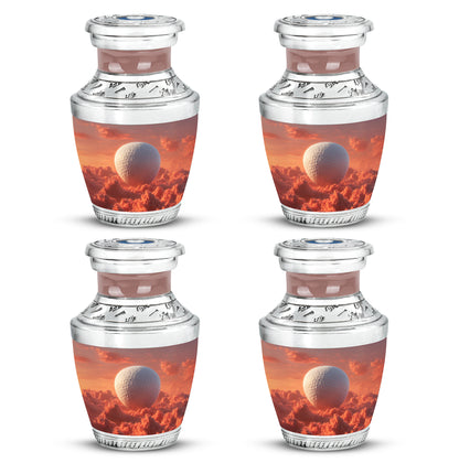 Rich Red Golf Cremation Urn back view with polished surface - stylized abstract golf pattern with bold lines - 10 inch aluminum urn for cremated remains