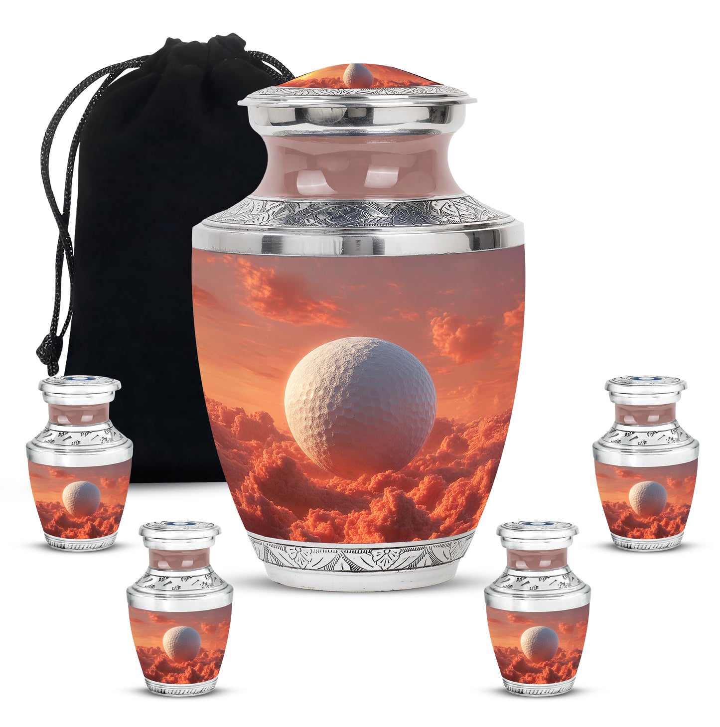 Garnet Red Golf Cremation Urn lifestyle display on memorial shelf - contemporary golf design with modern artistic flair - memorial set with one large and four small urns