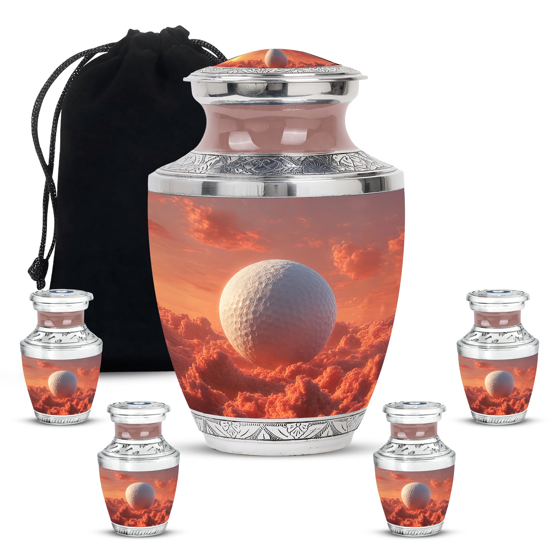 Garnet Red Golf Cremation Urn lifestyle display on memorial shelf - contemporary golf design with modern artistic flair - memorial set with one large and four small urns
