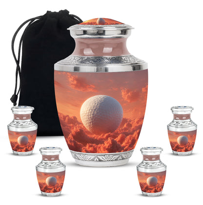 Garnet Red Golf Cremation Urn lifestyle display on memorial shelf - contemporary golf design with modern artistic flair - memorial set with one large and four small urns