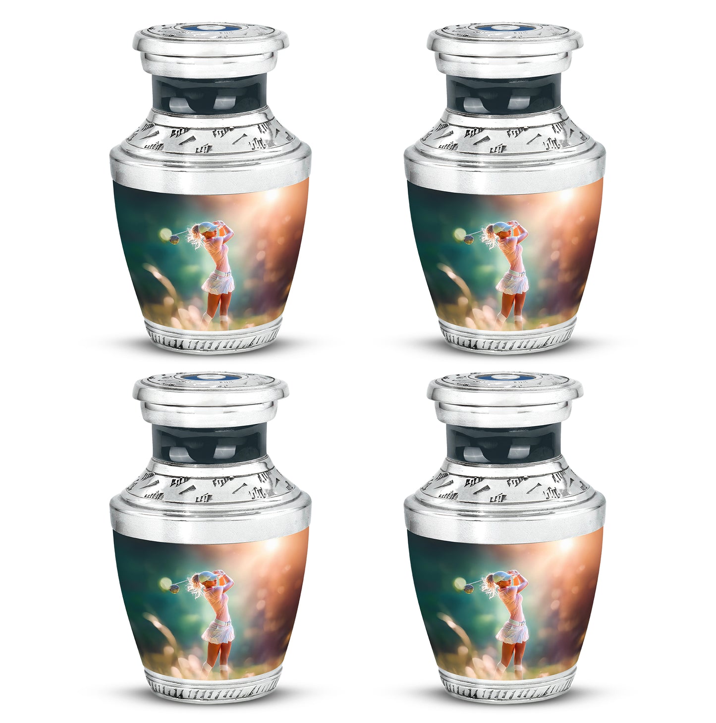 Harvest Gold Golf Cremation Urn back view with polished surface - stylized abstract golf pattern with bold lines - 10 inch aluminum urn for cremated remains