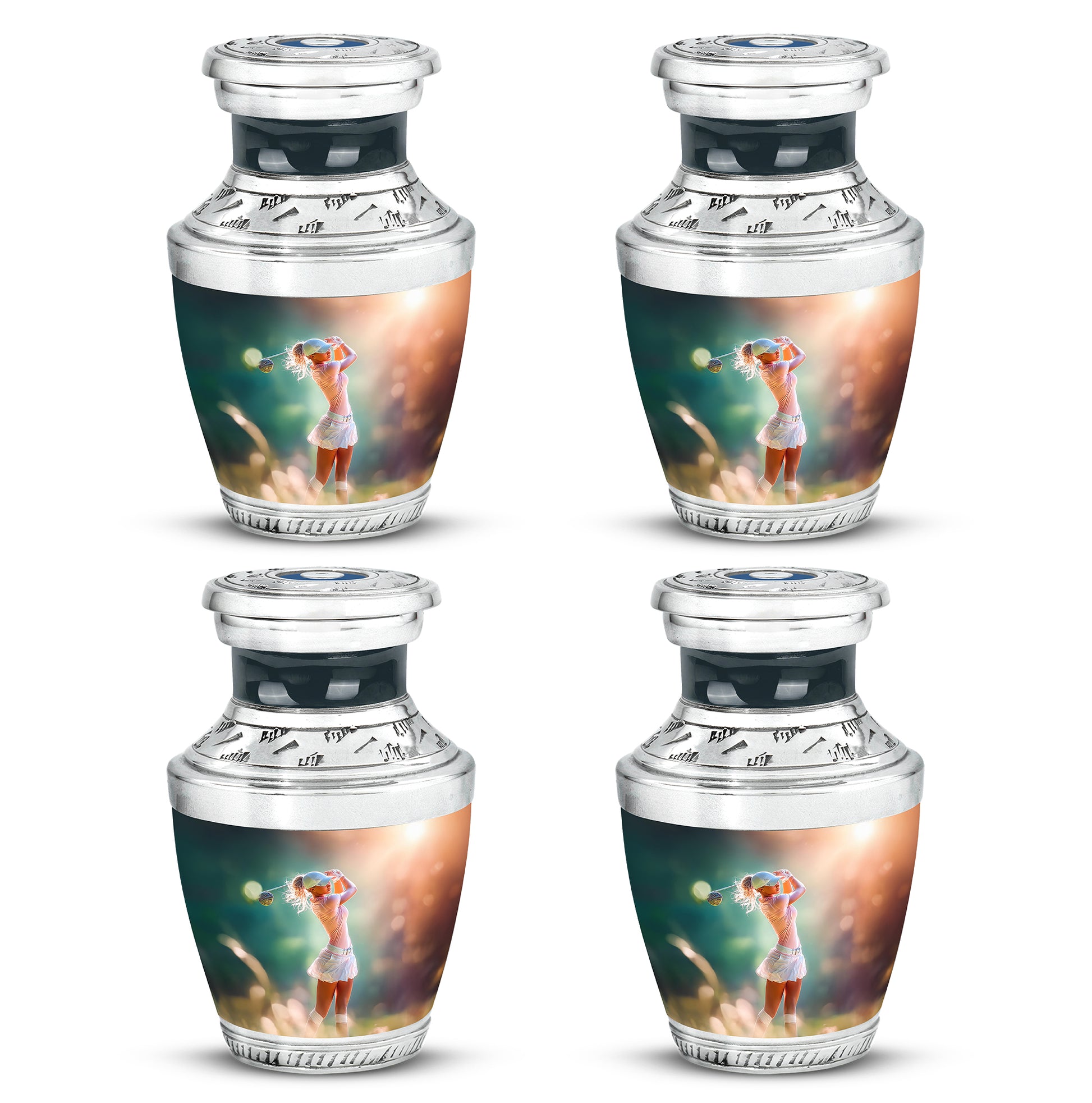 Harvest Gold Golf Cremation Urn back view with polished surface - stylized abstract golf pattern with bold lines - 10 inch aluminum urn for cremated remains