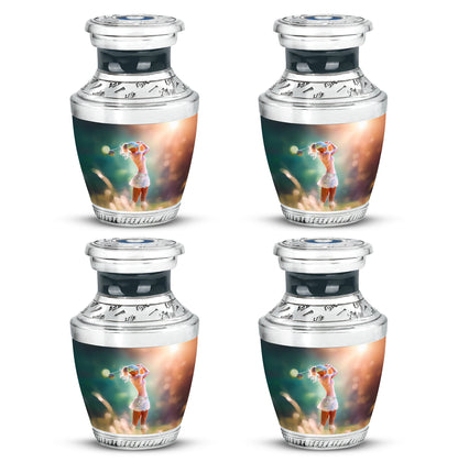 Harvest Gold Golf Cremation Urn back view with polished surface - stylized abstract golf pattern with bold lines - 10 inch aluminum urn for cremated remains