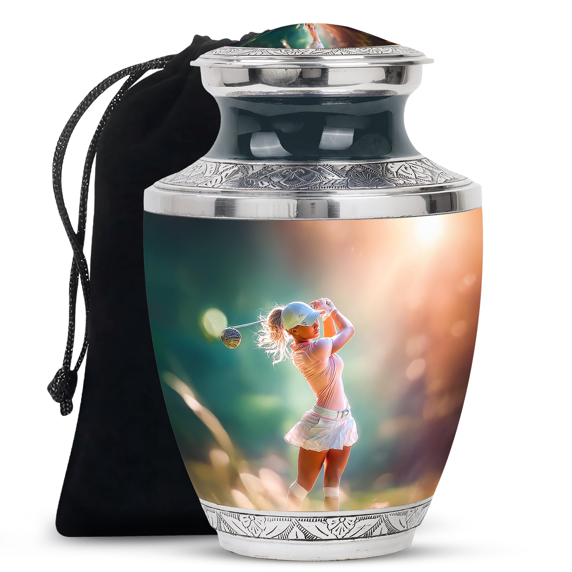 Matte Gold Golf Cremation Urn side profile showing urn shape - artistic golf interpretation with creative detail - full-size 10 inch 200 cubic inch adult cremation urn