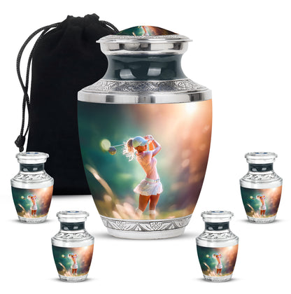 Sunrise Gold Golf Cremation Urn lifestyle display on memorial shelf - modern art-inspired golf motif on sleek aluminum - memorial set with one large and four small urns
