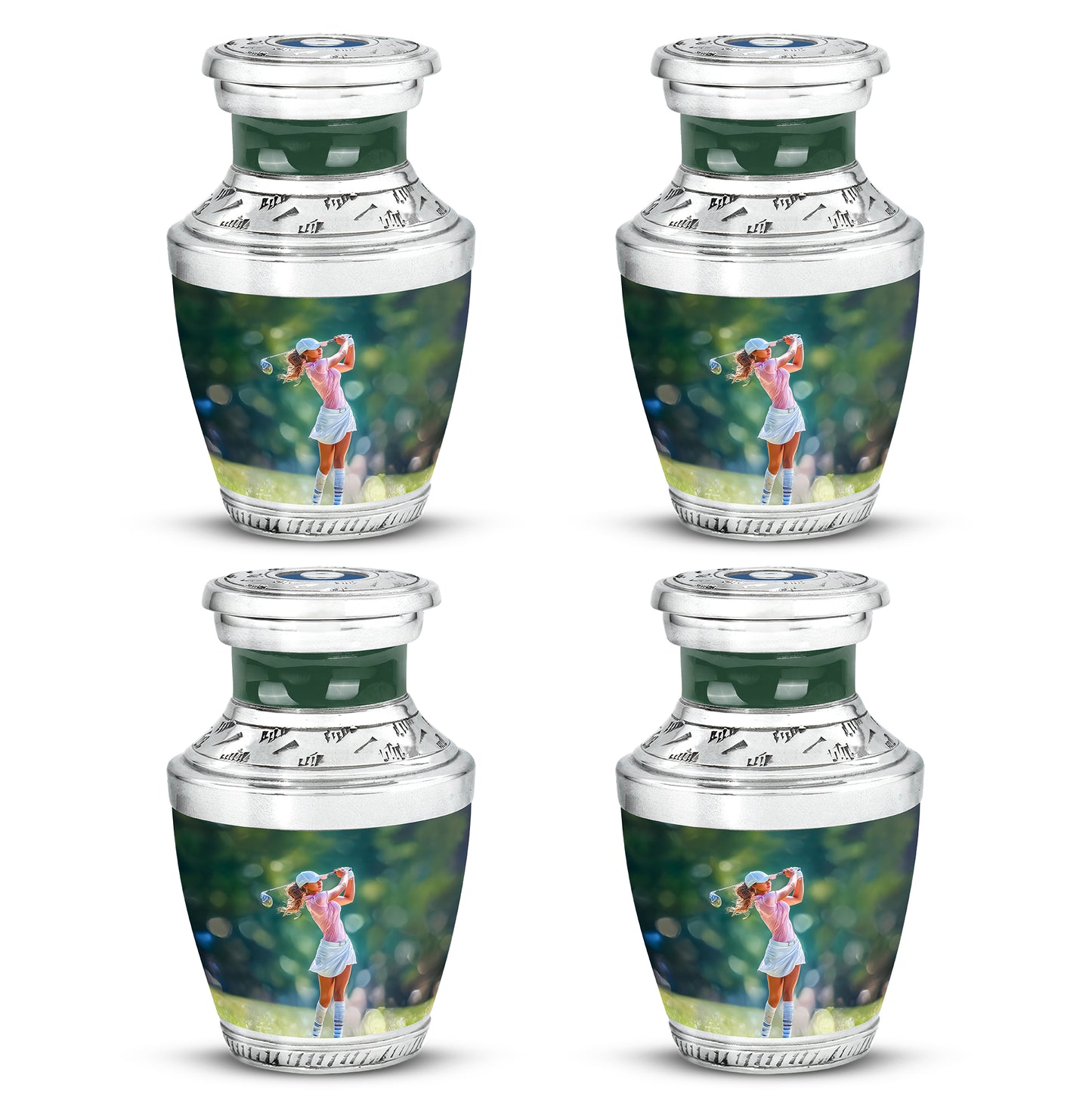 Moss Green Golf Cremation Urn back view with polished surface - modern art-inspired golf motif on sleek aluminum - 10 inch aluminum urn for cremated remains
