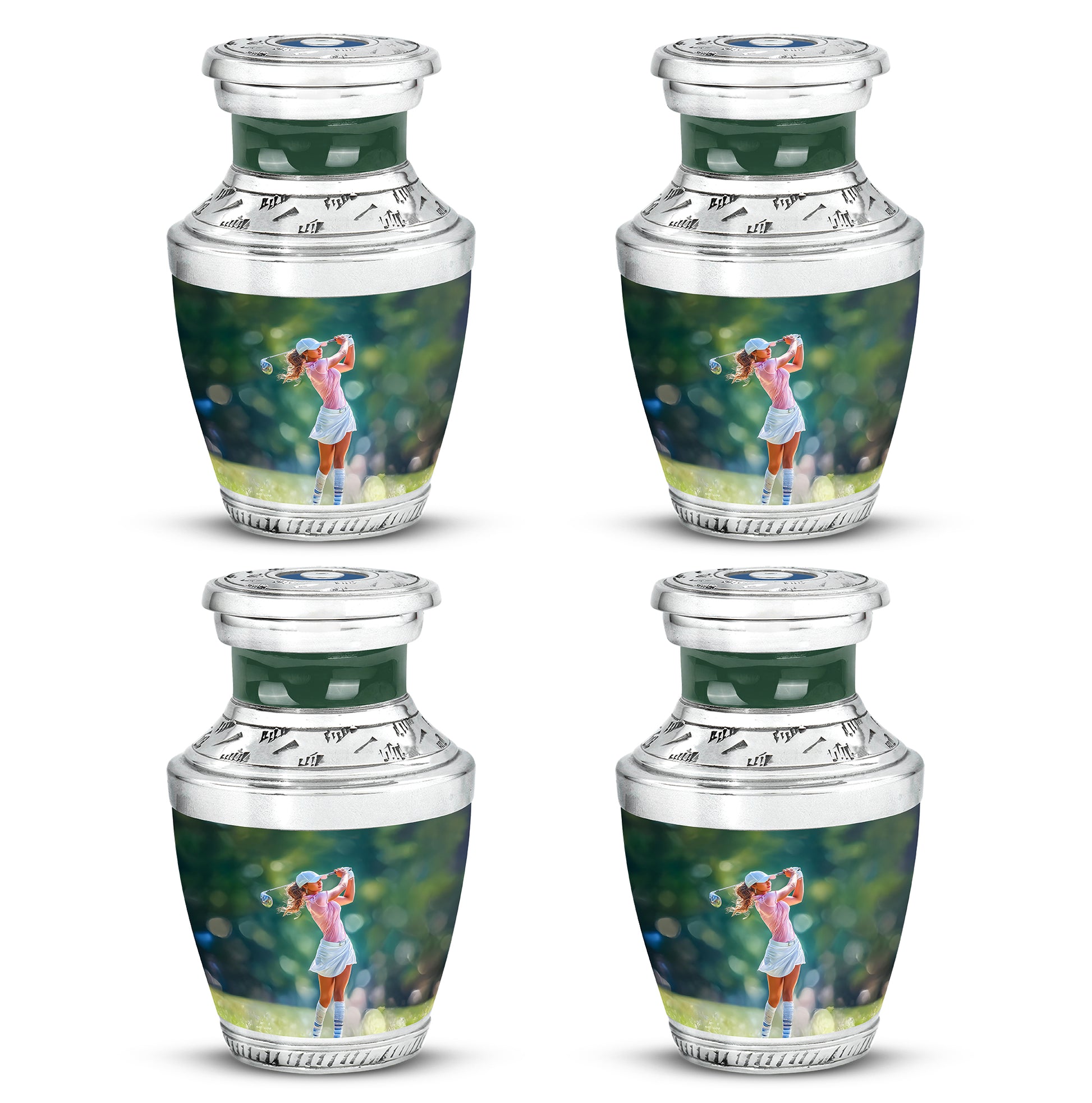 Moss Green Golf Cremation Urn back view with polished surface - modern art-inspired golf motif on sleek aluminum - 10 inch aluminum urn for cremated remains