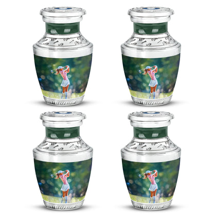 Moss Green Golf Cremation Urn back view with polished surface - modern art-inspired golf motif on sleek aluminum - 10 inch aluminum urn for cremated remains