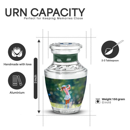 Jade Green Golf Cremation Urn top-down view of secure threaded lid - contemporary golf design with modern artistic flair - mini keepsake memorial for portion of cremation ashes