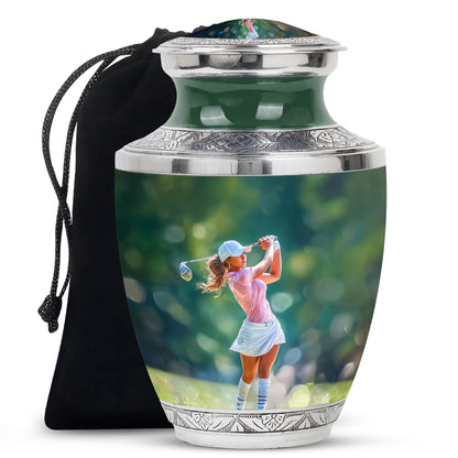 Forest Green Golf Cremation Urn side profile showing urn shape - artistic golf interpretation with creative detail - full-size 10 inch 200 cubic inch adult cremation urn