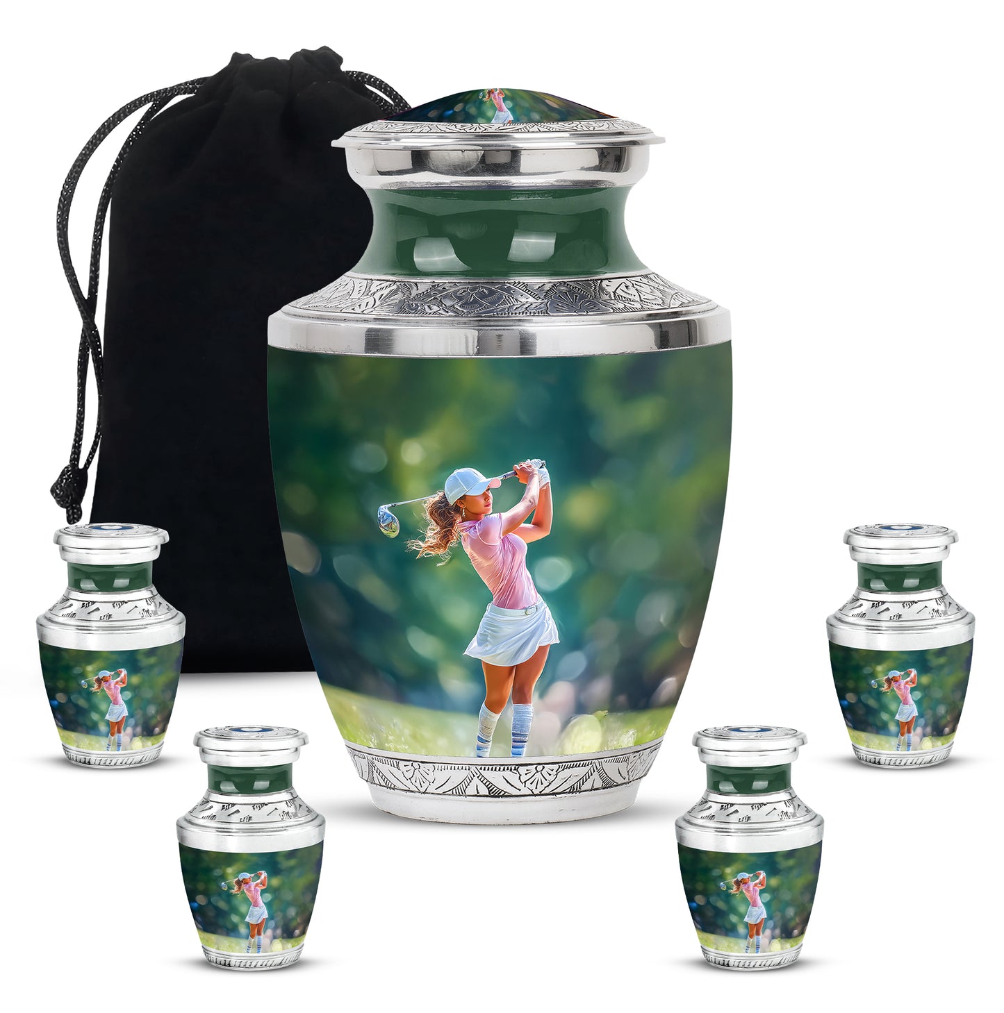 Sage Green Golf Cremation Urn lifestyle display on memorial shelf - modern art-inspired golf motif on sleek aluminum - memorial set with one large and four small urns