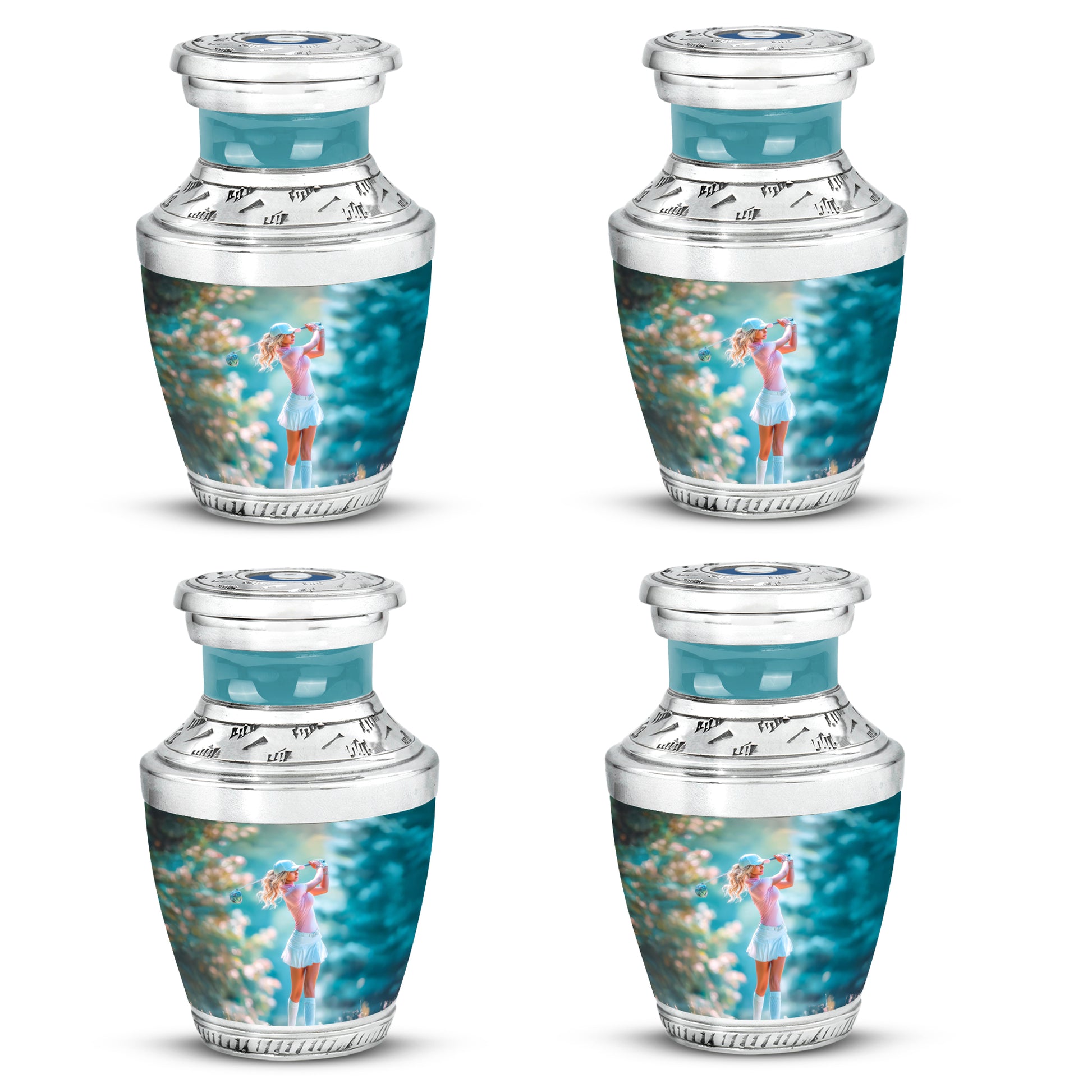 Gleaming Silver Golf Cremation Urn back view with polished surface - contemporary golf design with modern artistic flair - 10 inch aluminum urn for cremated remains