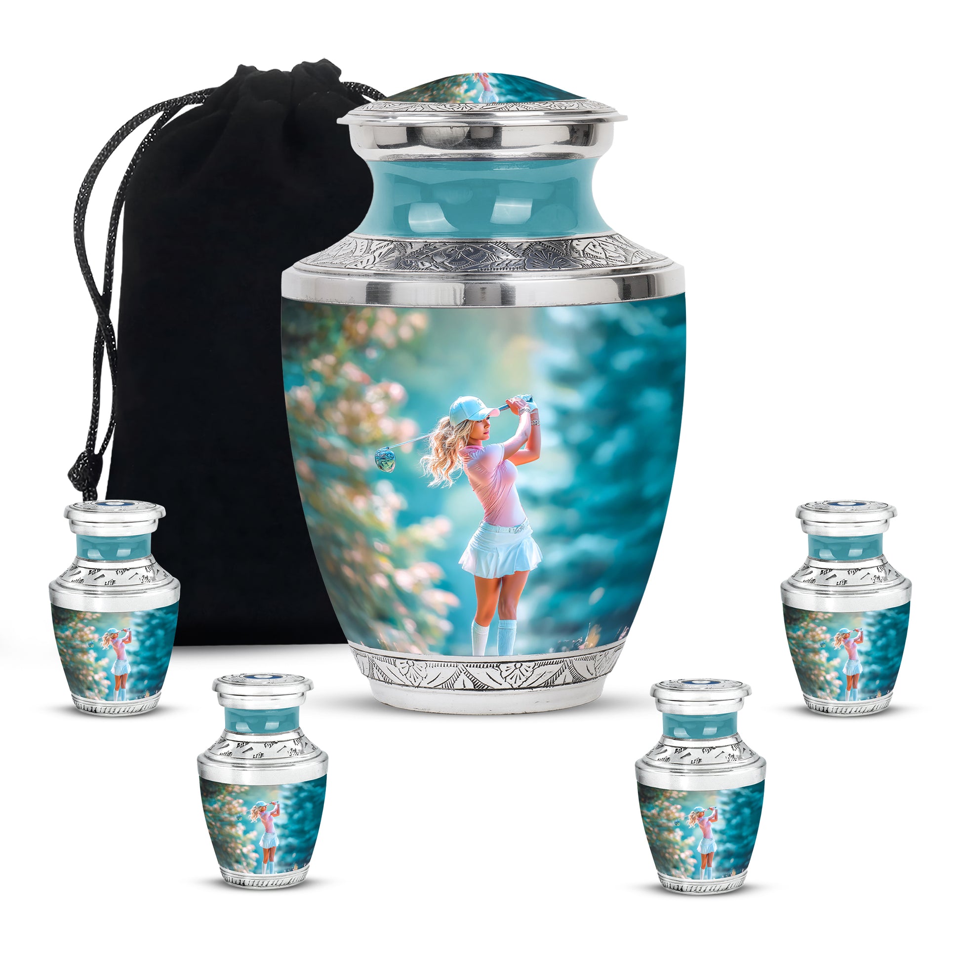 Gleaming Silver Golf Cremation Urn lifestyle display on memorial shelf - contemporary golf design with modern artistic flair - memorial set with one large and four small urns