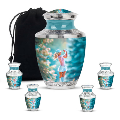 Gleaming Silver Golf Cremation Urn lifestyle display on memorial shelf - contemporary golf design with modern artistic flair - memorial set with one large and four small urns