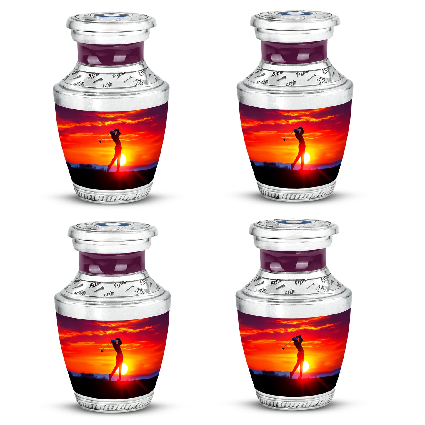 Burgundy Red Golf Cremation Urn back view with polished surface - contemporary golf design with modern artistic flair - 10 inch aluminum urn for cremated remains