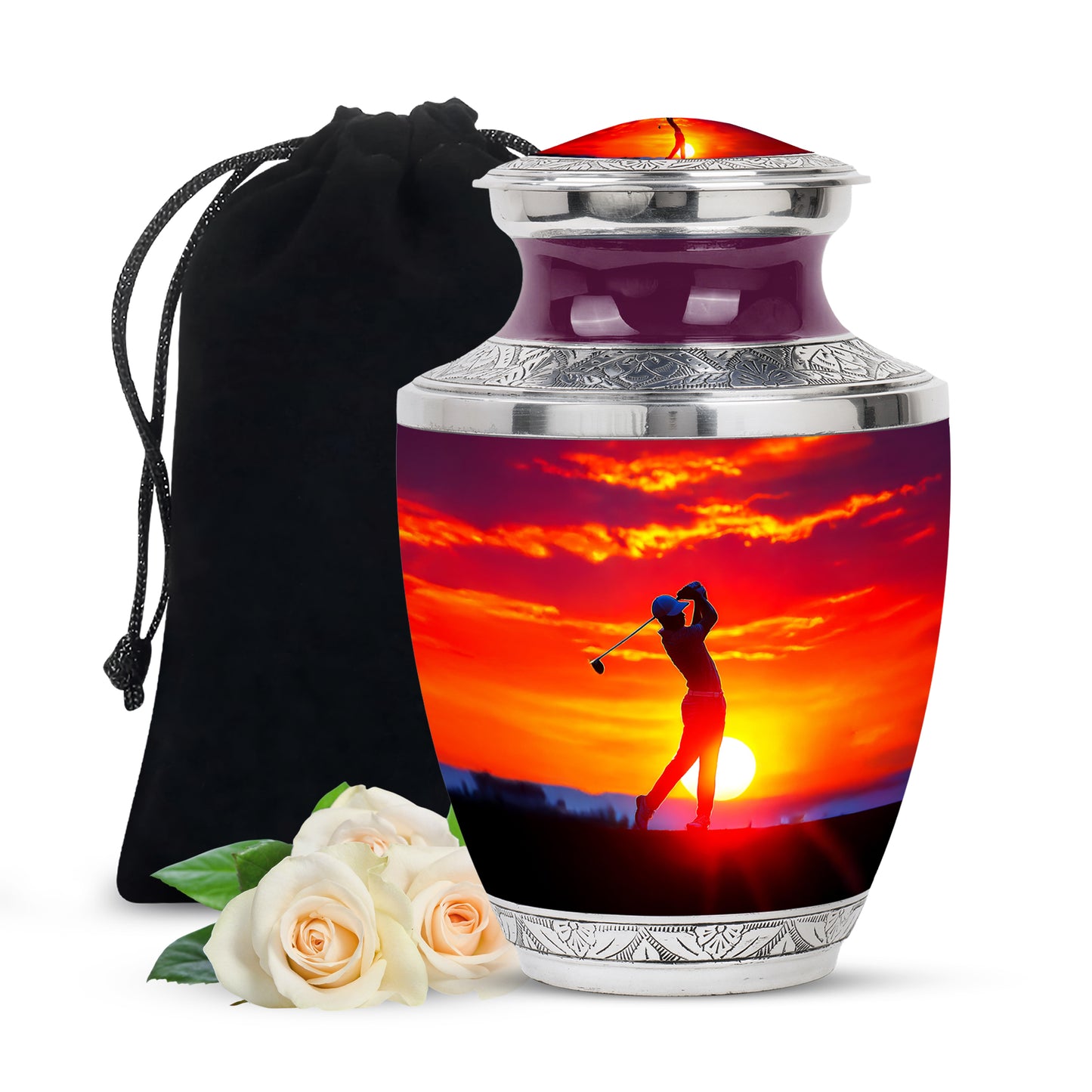 Deep Red Golf Cremation Urn side profile showing urn shape - modern art-inspired golf motif on sleek aluminum - full-size 10 inch 200 cubic inch adult cremation urn