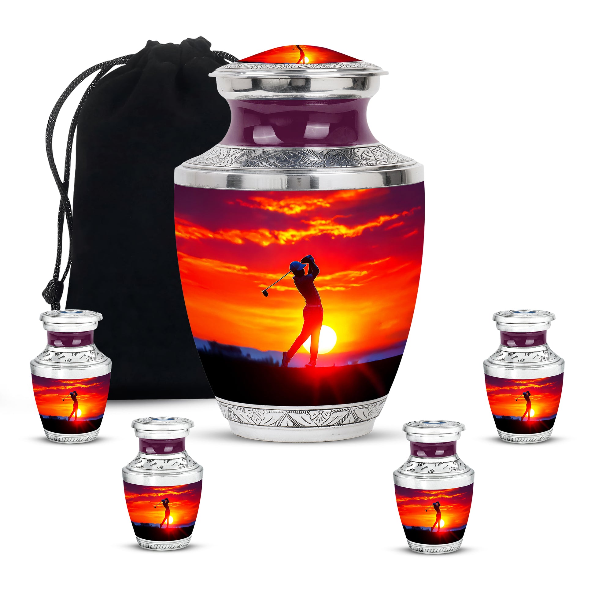 Garnet Red Golf Cremation Urn lifestyle display on memorial shelf - contemporary golf design with modern artistic flair - memorial set with one large and four small urns