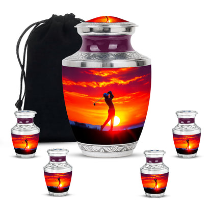 Garnet Red Golf Cremation Urn lifestyle display on memorial shelf - contemporary golf design with modern artistic flair - memorial set with one large and four small urns