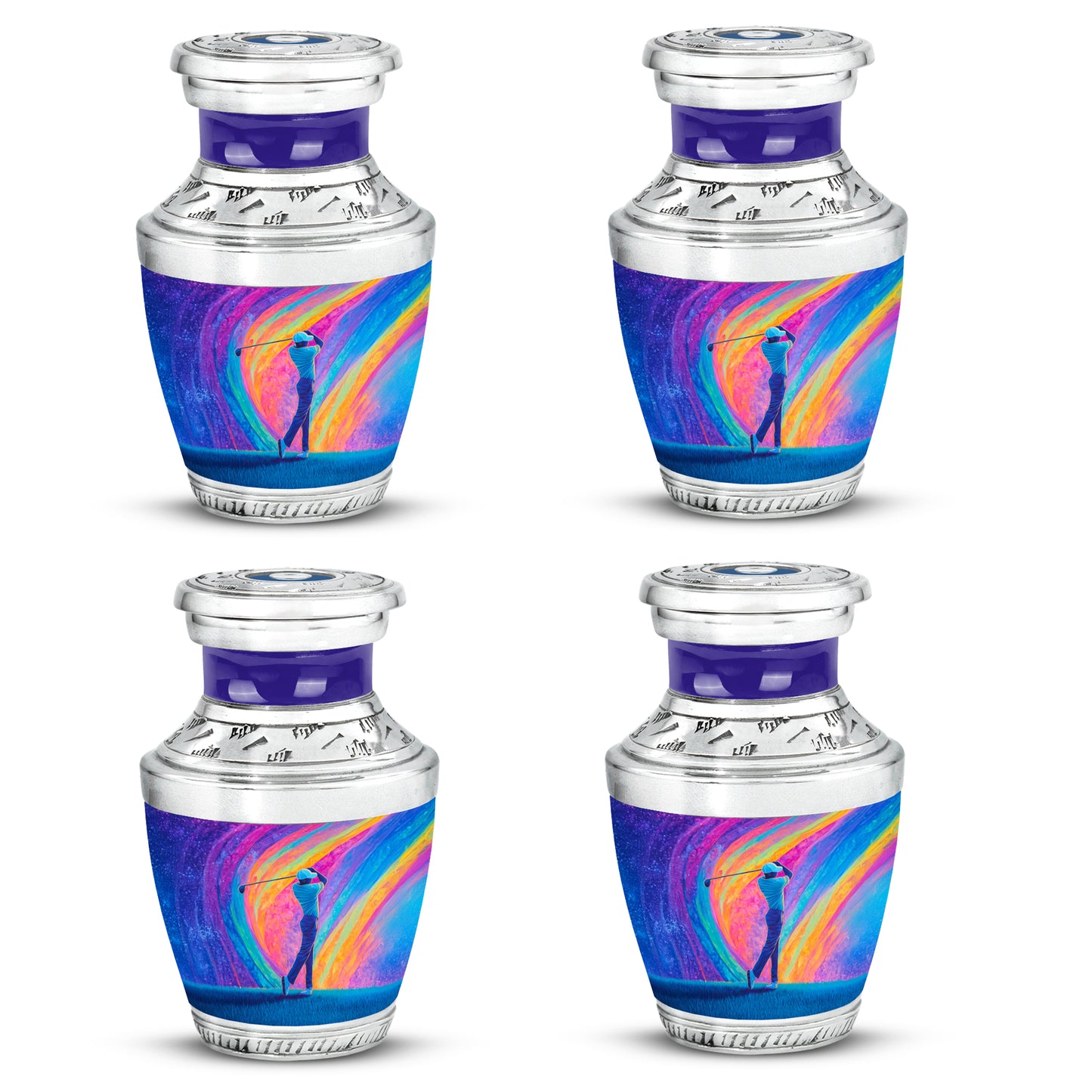 Deep Purple Golf Cremation Urn back view with polished surface - contemporary golf design with modern artistic flair - 10 inch aluminum urn for cremated remains