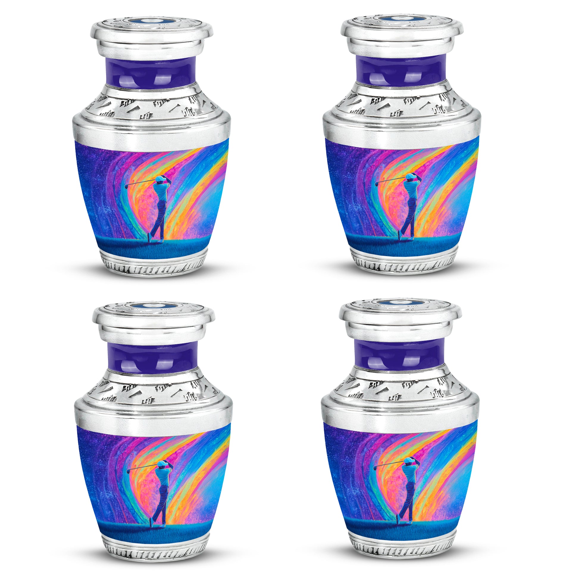 Deep Purple Golf Cremation Urn back view with polished surface - contemporary golf design with modern artistic flair - 10 inch aluminum urn for cremated remains