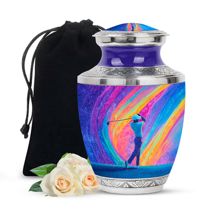 Violet Purple Golf Cremation Urn side profile showing urn shape - stylized abstract golf pattern with bold lines - full-size 10 inch 200 cubic inch adult cremation urn
