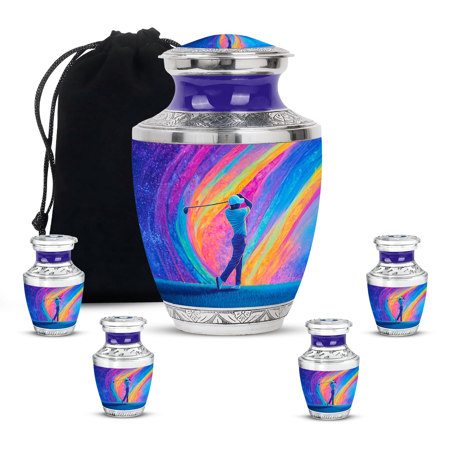 Twilight Purple Golf Cremation Urn lifestyle display on memorial shelf - stylized abstract golf pattern with bold lines - memorial set with one large and four small urns