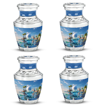 Celestial Blue Golf Cremation Urn back view with polished surface - modern art-inspired golf motif on sleek aluminum - 10 inch aluminum urn for cremated remains