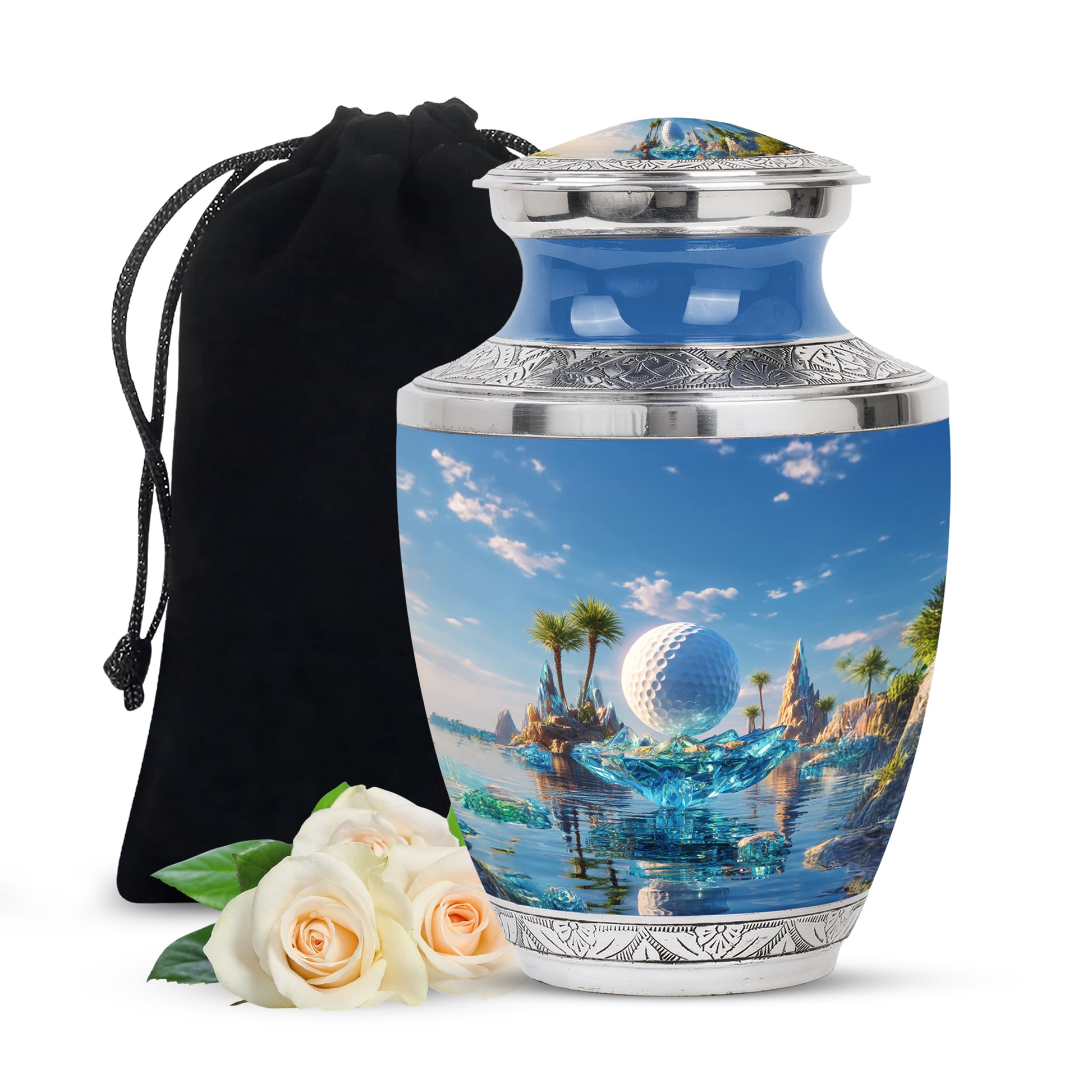 Cornflower Blue Golf Cremation Urn side profile showing urn shape - stylized abstract golf pattern with bold lines - full-size 10 inch 200 cubic inch adult cremation urn