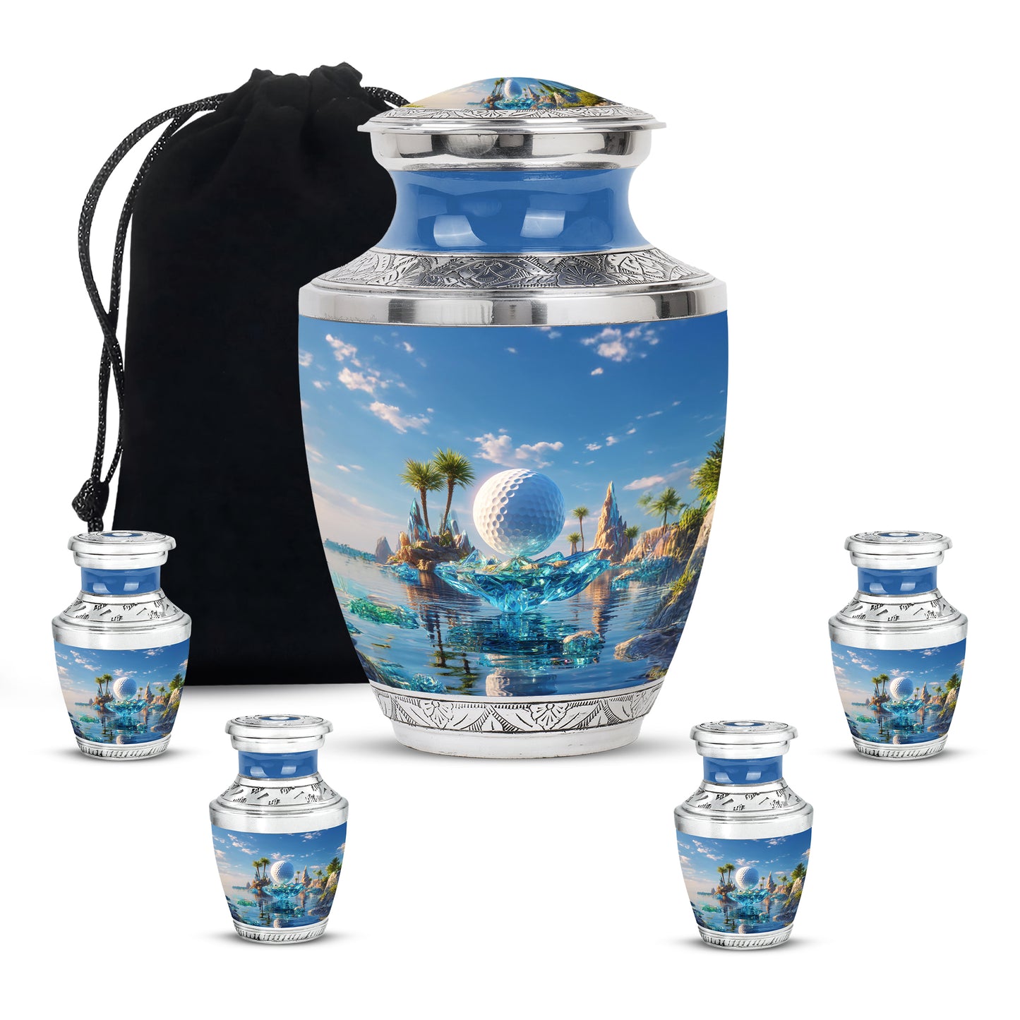 Cobalt Blue Golf Cremation Urn lifestyle display on memorial shelf - stylized abstract golf pattern with bold lines - memorial set with one large and four small urns
