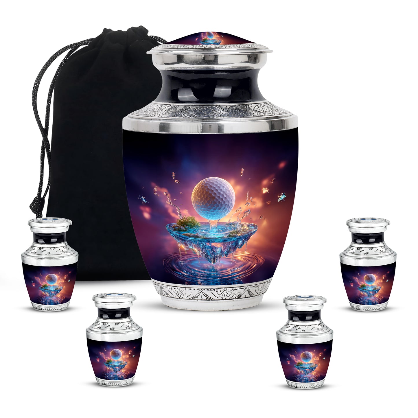 Royal Purple Golf Cremation Urn lifestyle display on memorial shelf - artistic golf interpretation with creative detail - memorial set with one large and four small urns