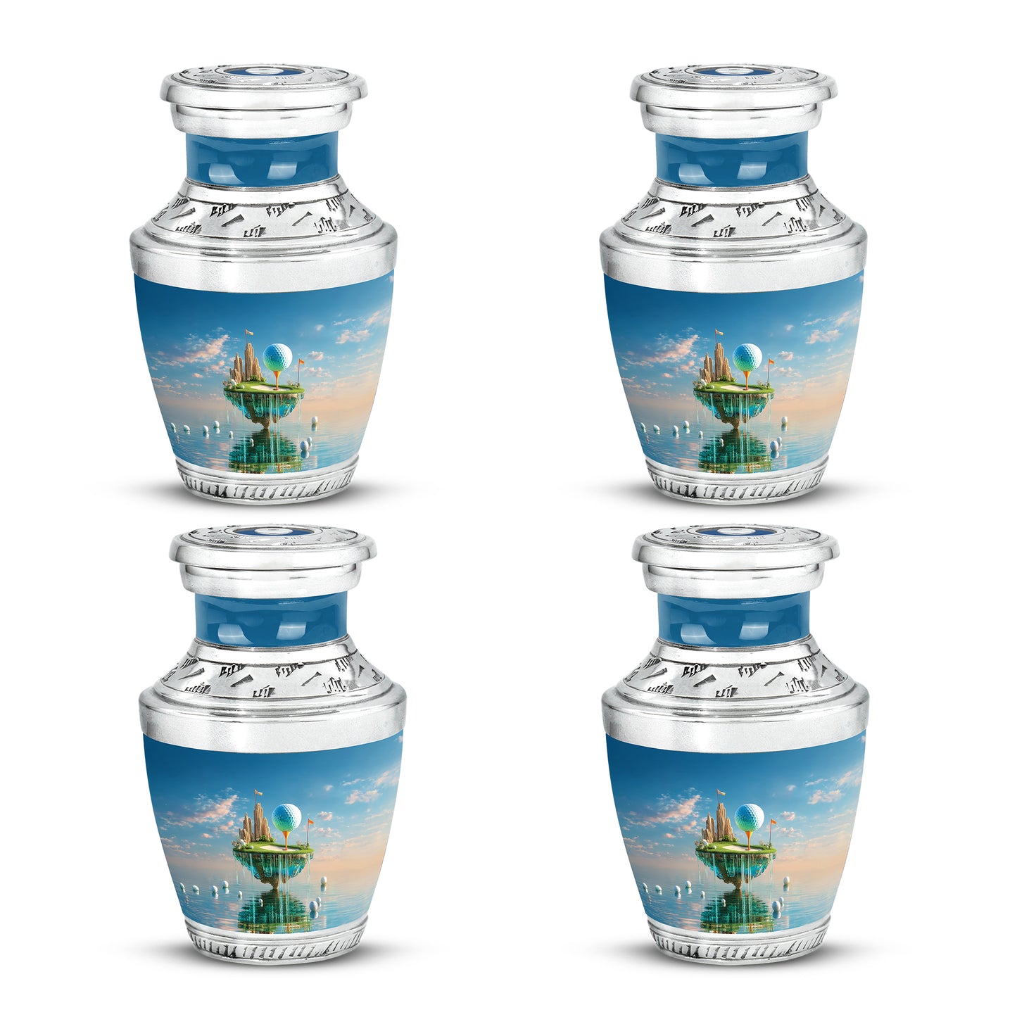 Sapphire Blue Golf Cremation Urn back view with polished surface - stylized abstract golf pattern with bold lines - 10 inch aluminum urn for cremated remains
