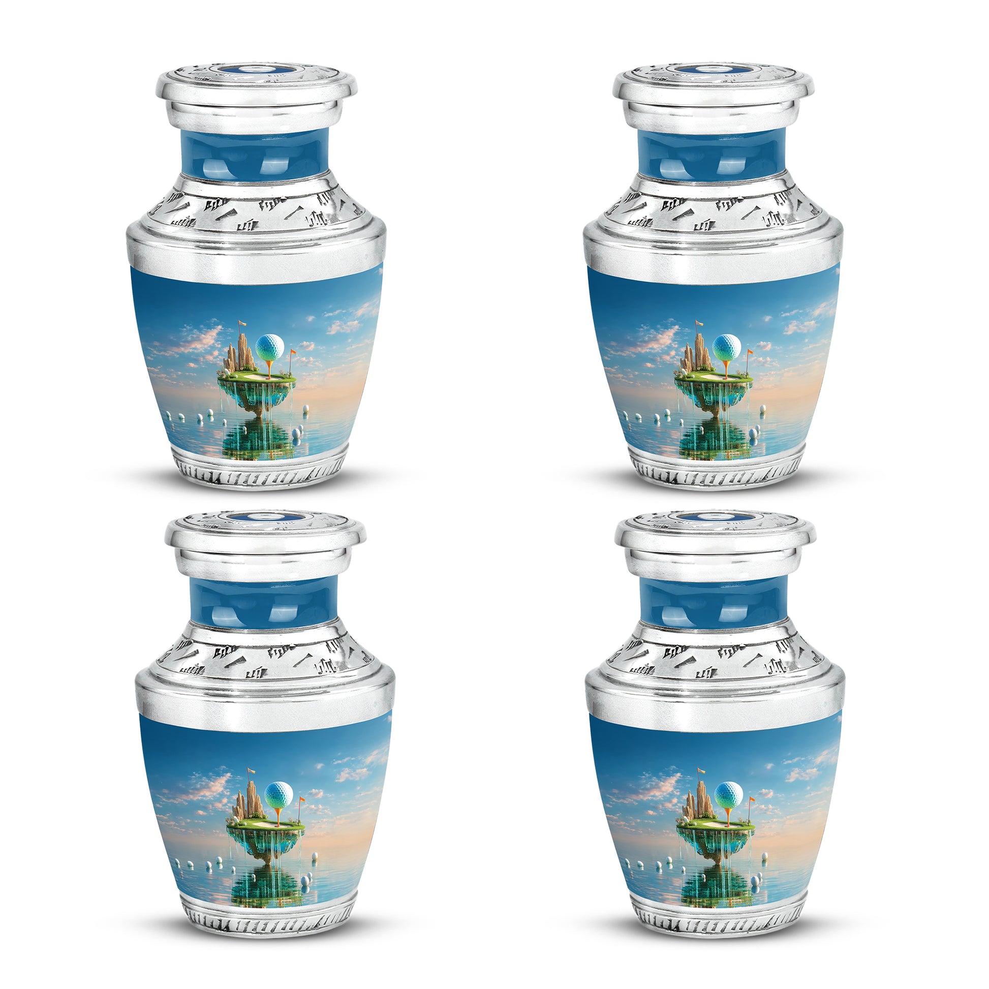 Sapphire Blue Golf Cremation Urn back view with polished surface - stylized abstract golf pattern with bold lines - 10 inch aluminum urn for cremated remains