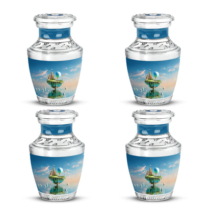 Sapphire Blue Golf Cremation Urn back view with polished surface - stylized abstract golf pattern with bold lines - 10 inch aluminum urn for cremated remains