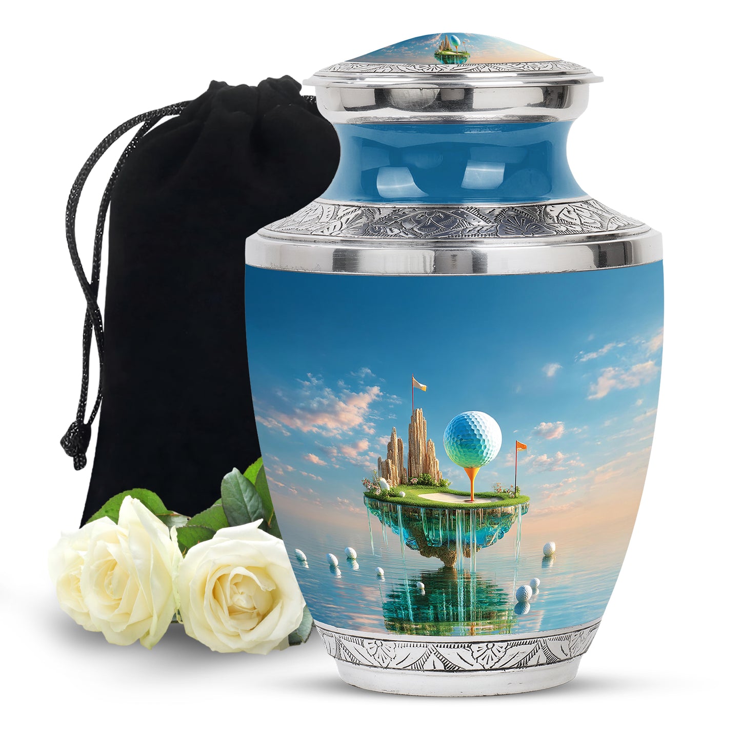 Steel Blue Golf Cremation Urn side profile showing urn shape - artistic golf interpretation with creative detail - full-size 10 inch 200 cubic inch adult cremation urn