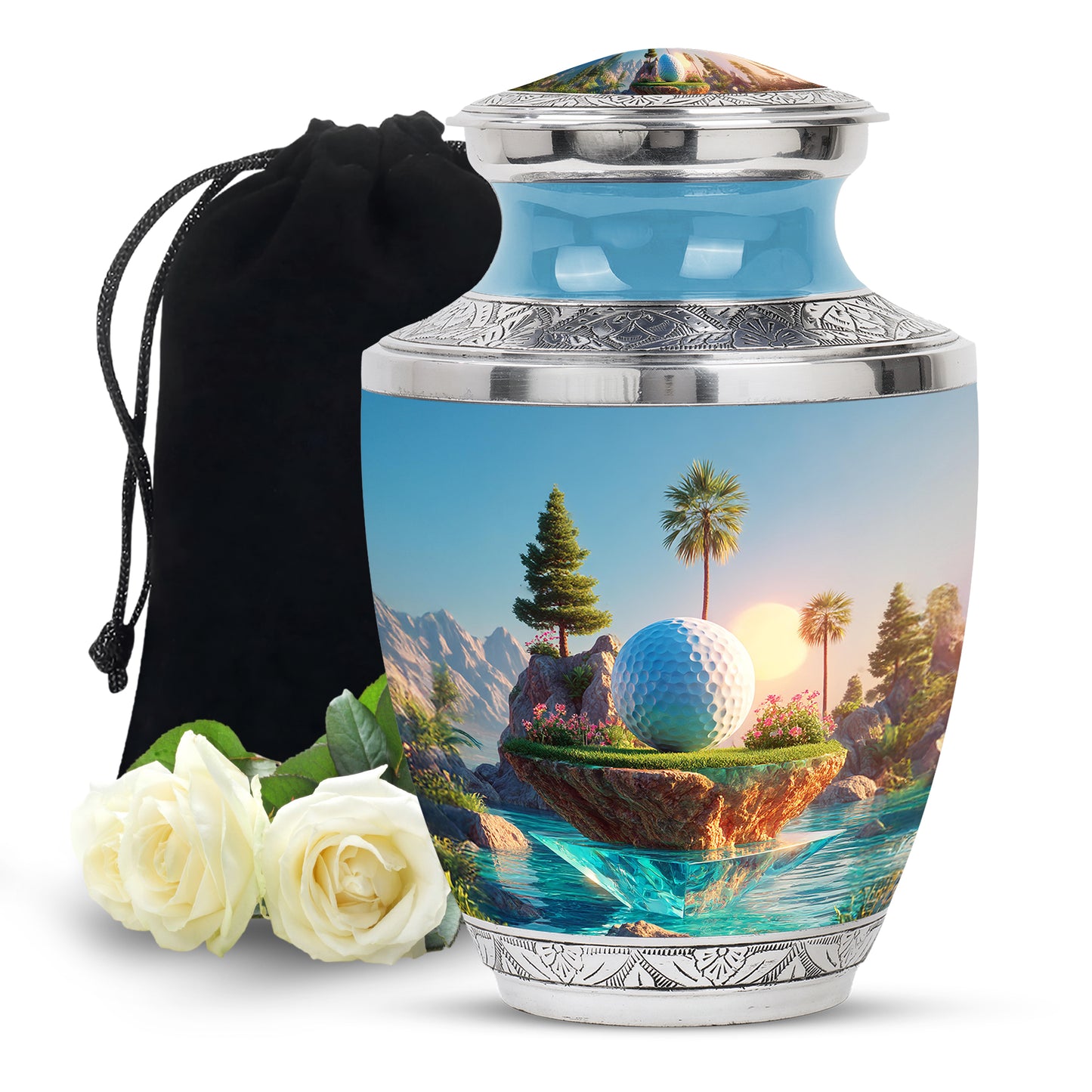 Misty Blue Golf Cremation Urn side profile showing urn shape - contemporary golf design with modern artistic flair - full-size 10 inch 200 cubic inch adult cremation urn