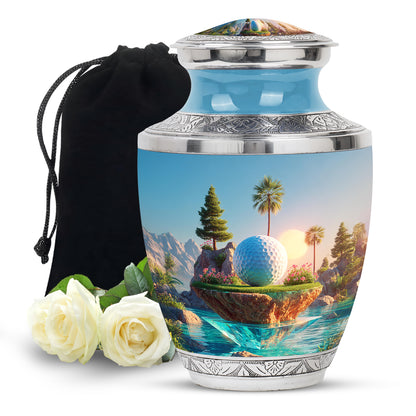 Misty Blue Golf Cremation Urn side profile showing urn shape - contemporary golf design with modern artistic flair - full-size 10 inch 200 cubic inch adult cremation urn