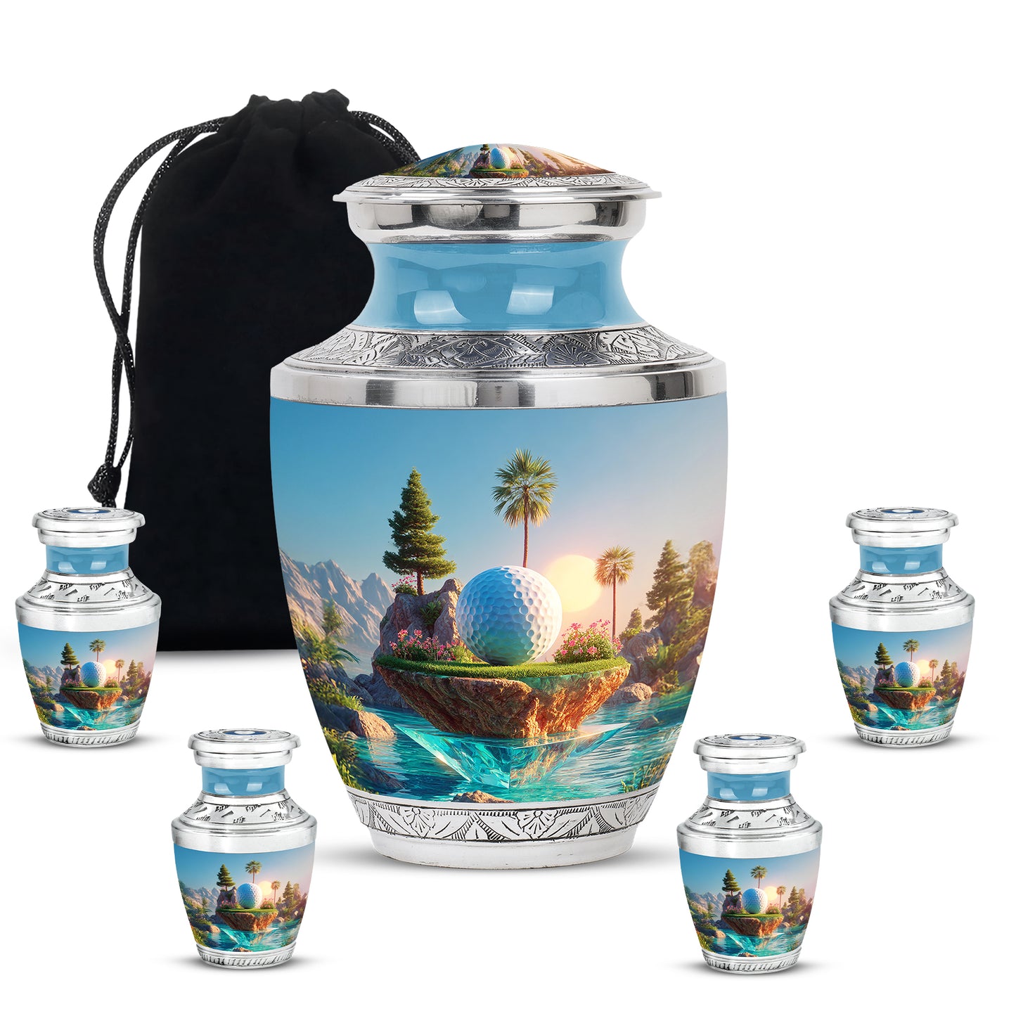 Pastel Blue Golf Cremation Urn lifestyle display on memorial shelf - contemporary golf design with modern artistic flair - memorial set with one large and four small urns