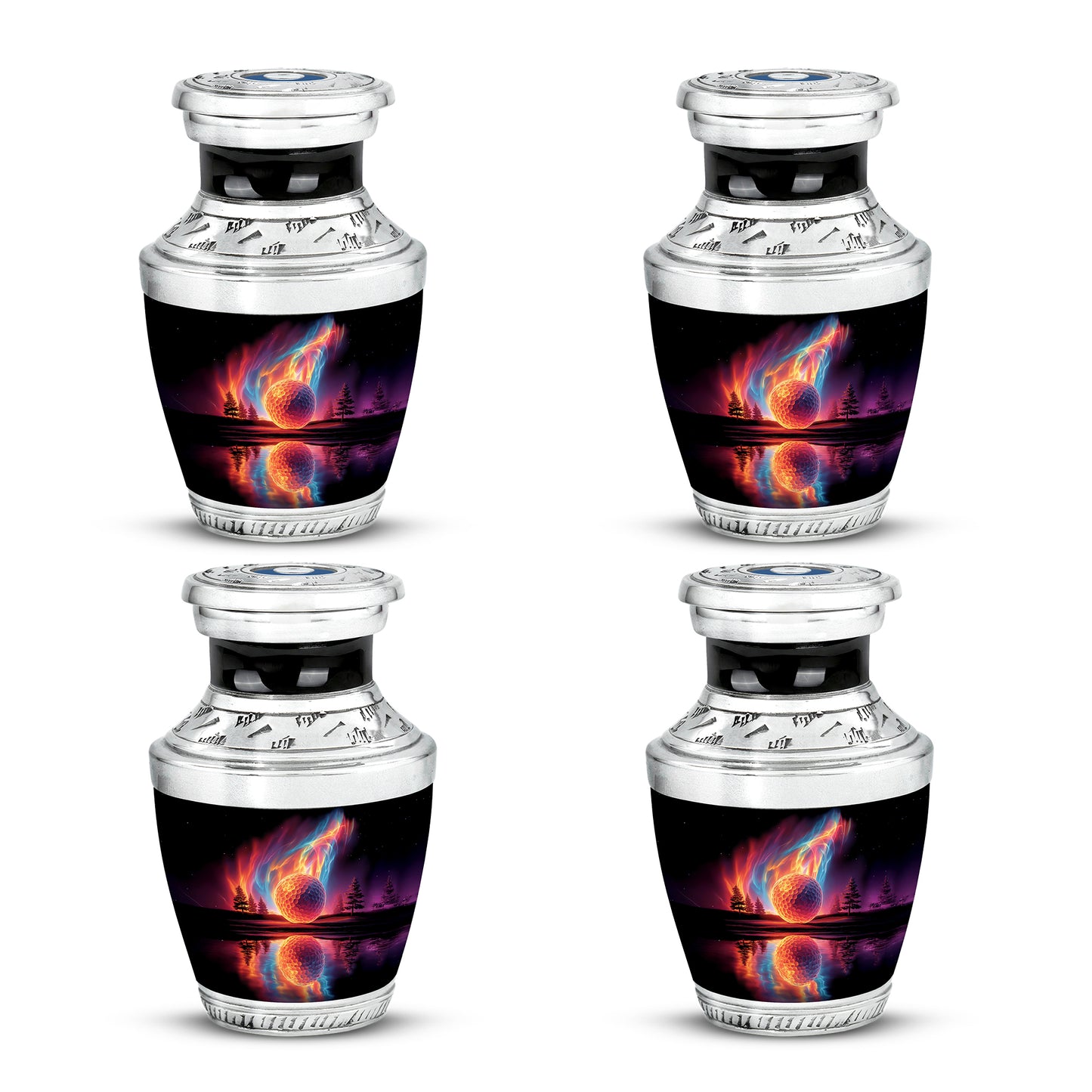 Dark Black Golf Cremation Urn back view with polished surface - artistic golf interpretation with creative detail - 10 inch aluminum urn for cremated remains