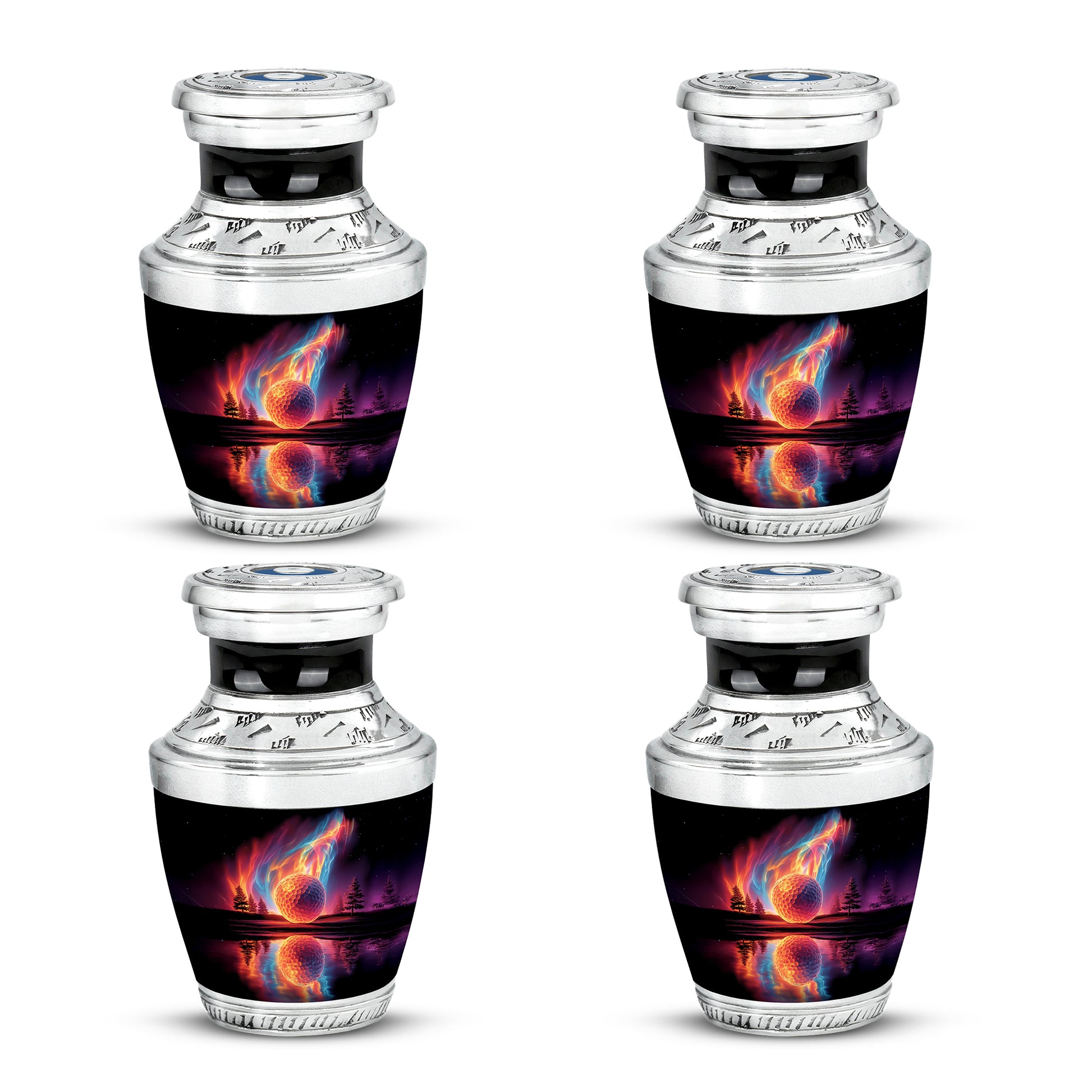 Dark Black Golf Cremation Urn back view with polished surface - artistic golf interpretation with creative detail - 10 inch aluminum urn for cremated remains