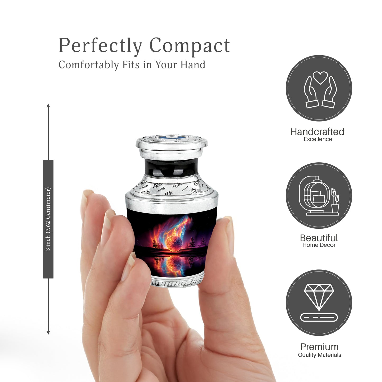 Glossy Black Golf Cremation Urn top-down view of secure threaded lid - contemporary golf design with modern artistic flair - mini keepsake memorial for portion of cremation ashes