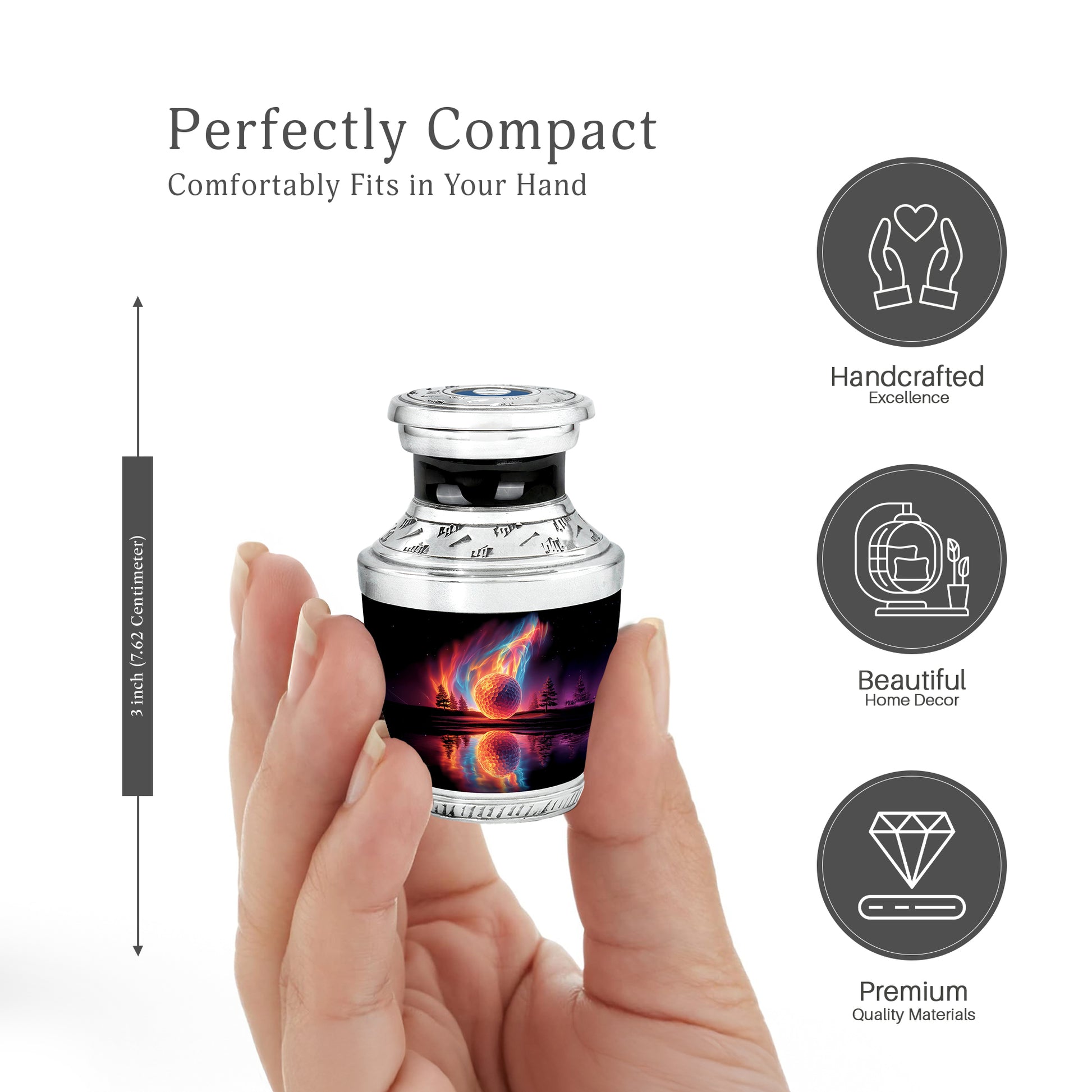 Glossy Black Golf Cremation Urn top-down view of secure threaded lid - contemporary golf design with modern artistic flair - mini keepsake memorial for portion of cremation ashes