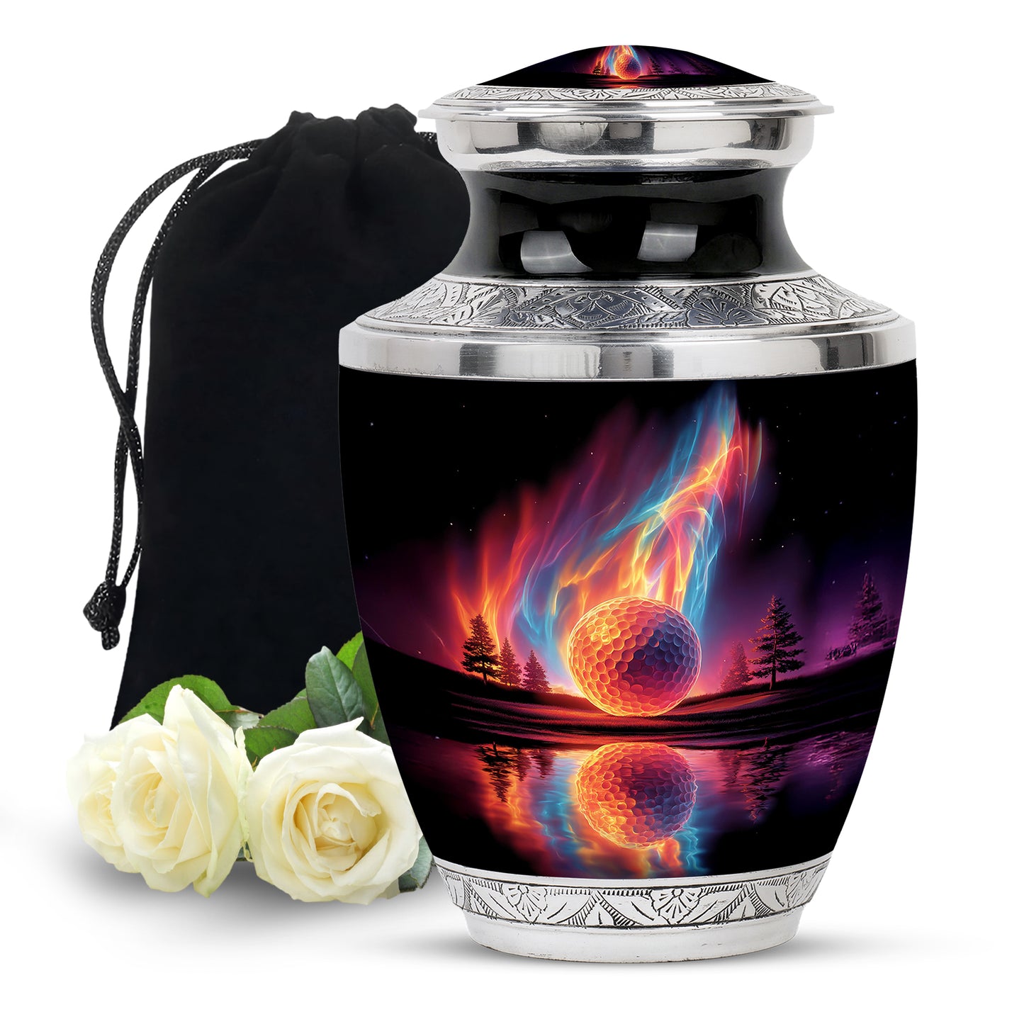 Dark Black Golf Cremation Urn side profile showing urn shape - artistic golf interpretation with creative detail - full-size 10 inch 200 cubic inch adult cremation urn