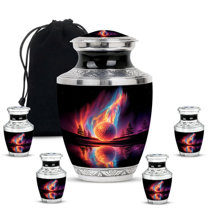 Obsidian Black Golf Cremation Urn lifestyle display on memorial shelf - artistic golf interpretation with creative detail - memorial set with one large and four small urns