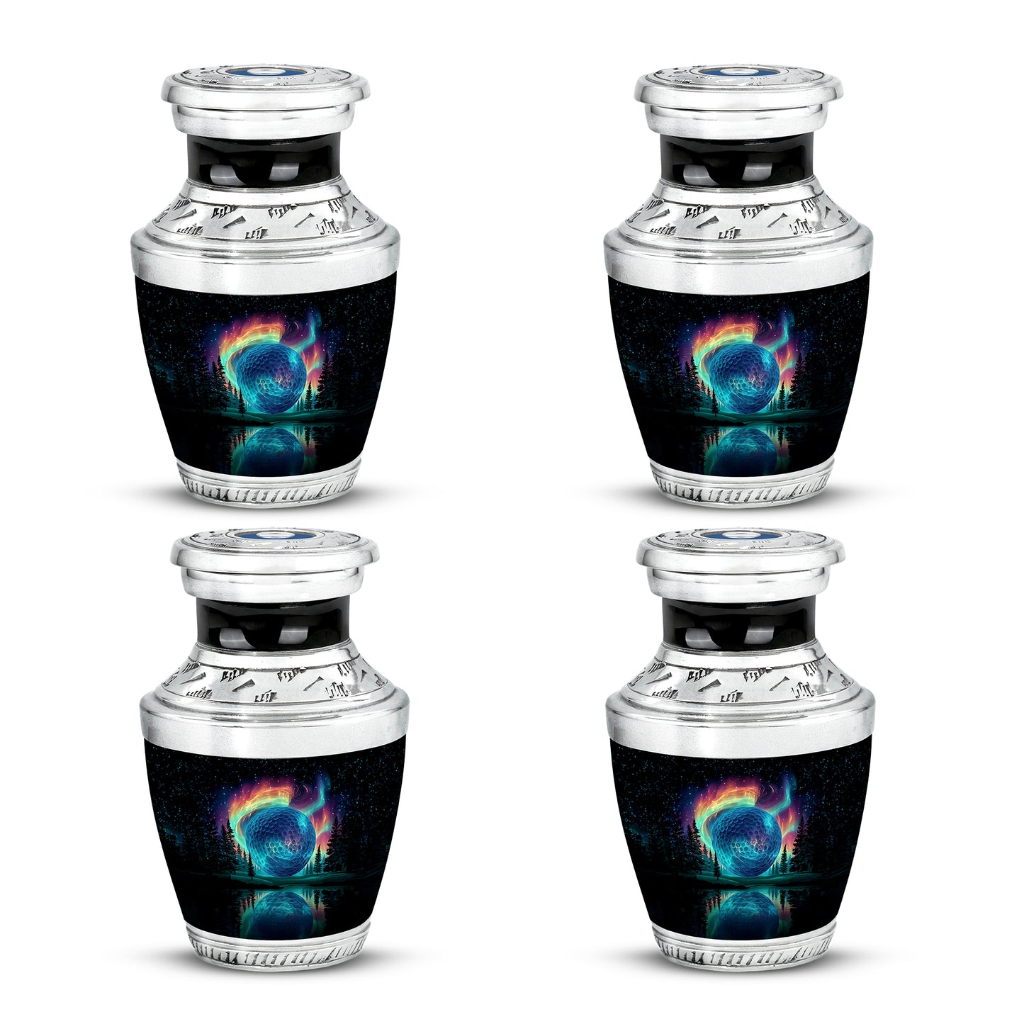 Jet Black Golf Cremation Urn back view with polished surface - modern art-inspired golf motif on sleek aluminum - 10 inch aluminum urn for cremated remains