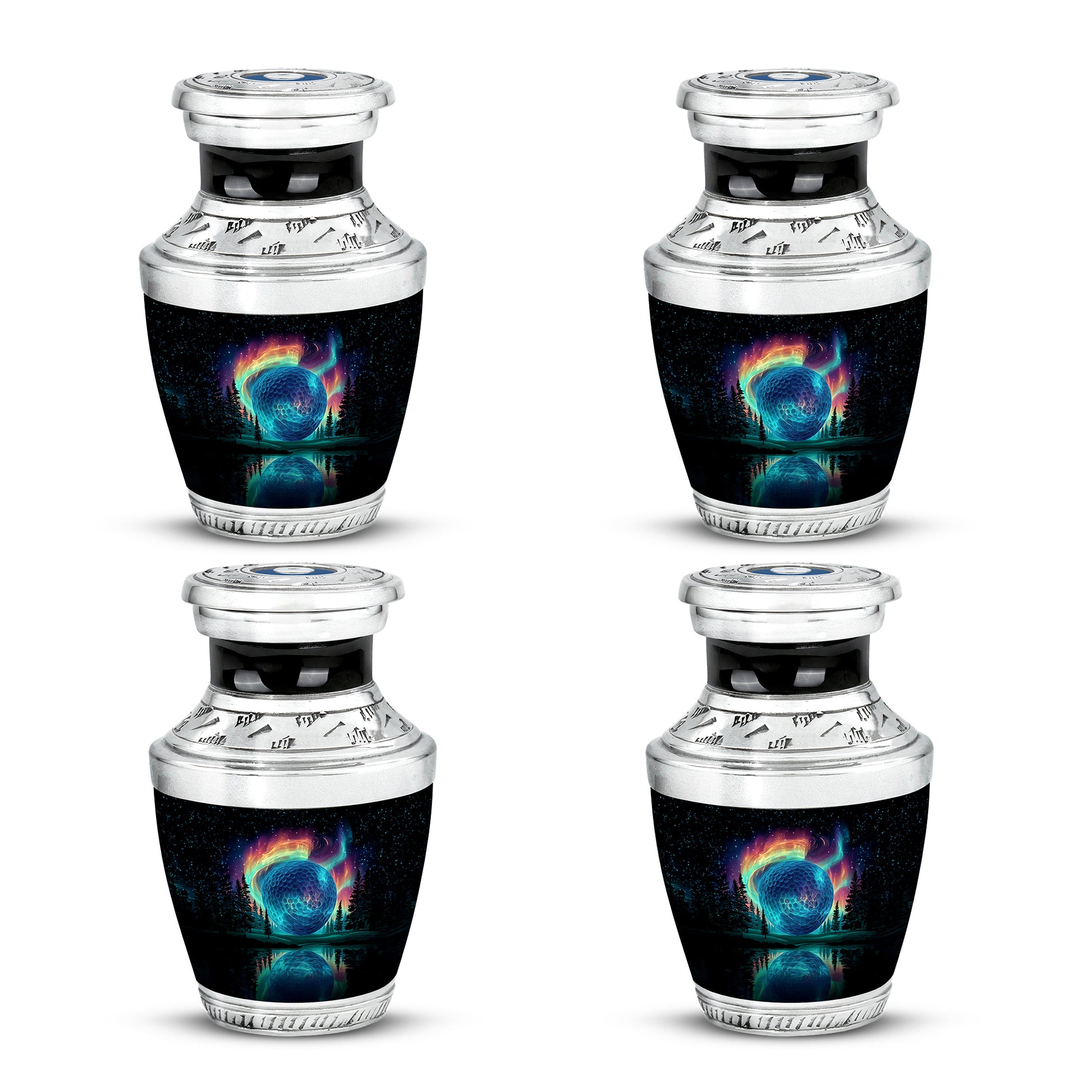 Jet Black Golf Cremation Urn back view with polished surface - modern art-inspired golf motif on sleek aluminum - 10 inch aluminum urn for cremated remains